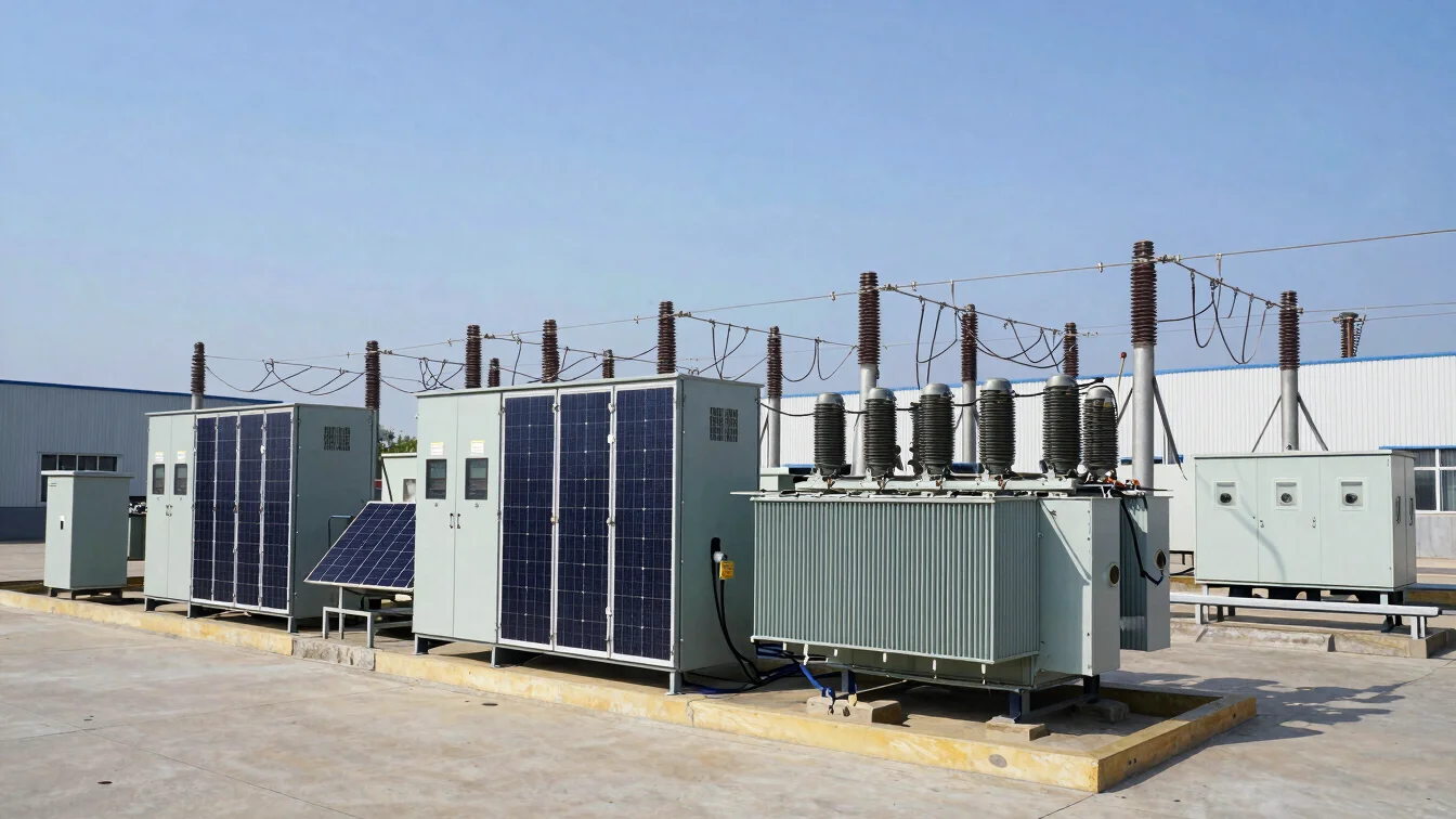 Utility-scale electrical inverter panels and transformer distribution boxes in an industrial facility yard.