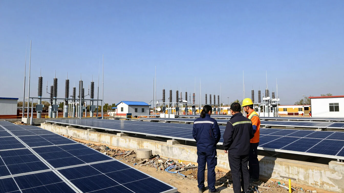 Technicians surveying site layouts and inspecting distribution infrastructure under clear horizon skies.