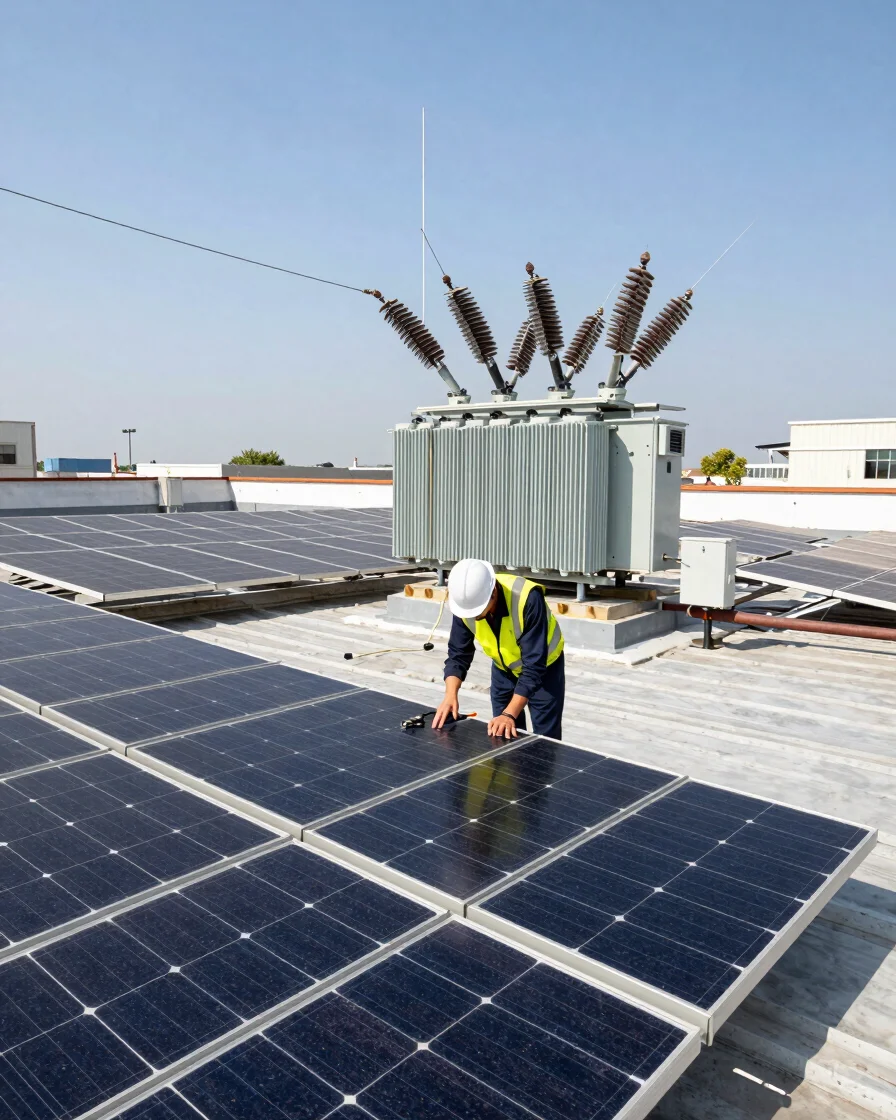 Engineers inspecting rooftop photovoltaic arrays and high-voltage transformer distribution boxes under bright direct sun
