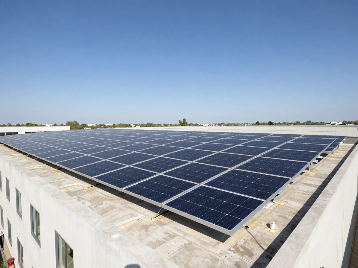 rooftop photovoltaic arrays under bright direct sunlight, wide architectural angle showing installation scale