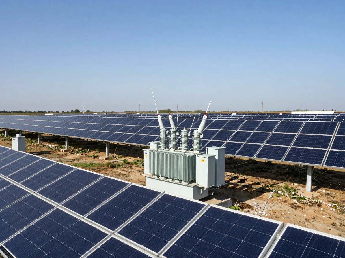 utility-scale solar panels and transformer distribution boxes in direct daylight