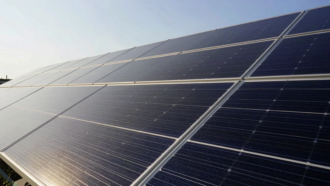 Crisp architectural close-up of dark photovoltaic panel glass reflecting clear horizon skies under bright daylight.