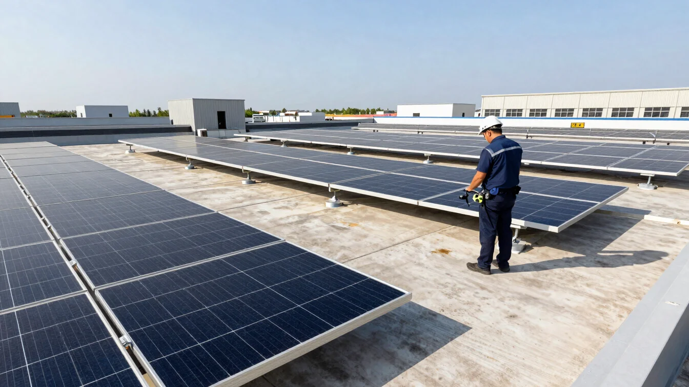 Industrial rooftop mounting structures and solar panel arrays surveyed by a technician under high noon sunlight.
