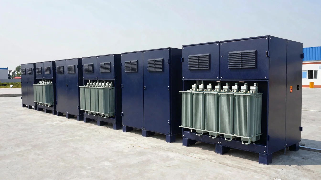 Commercial electrical inverter panels and transformer distribution boxes installed on a concrete facility pad.